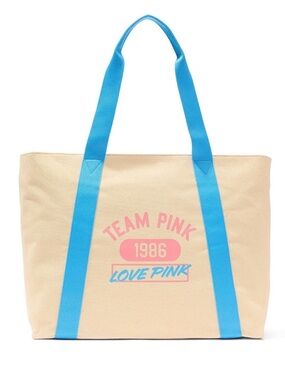 NWT PINK Victoria's Secret Beige Canvas Tote with Blue Straps and Pink Logo